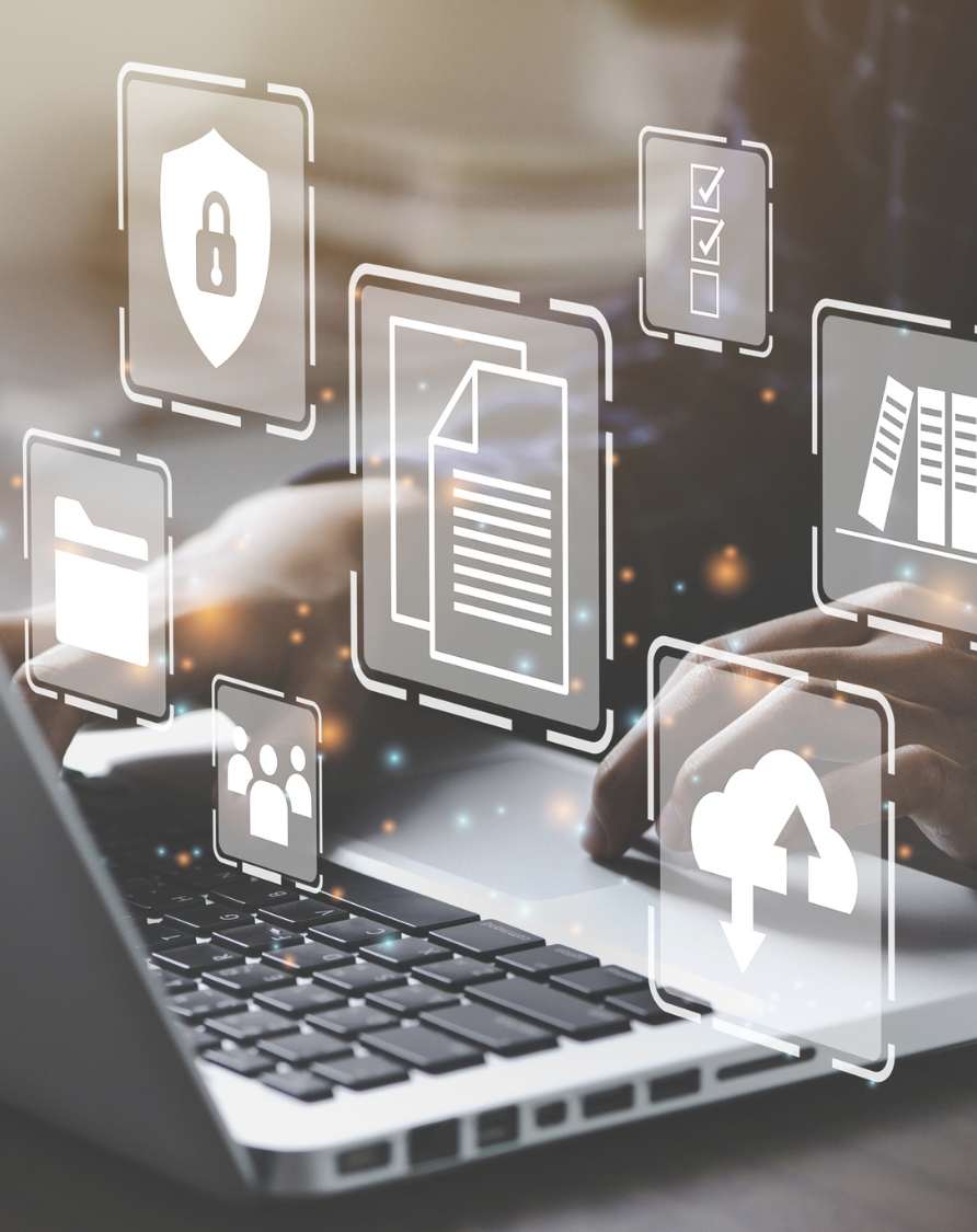 Image of icons like cloud, document, folders, and users representing faster data access and delivery through network management software like Intoto.